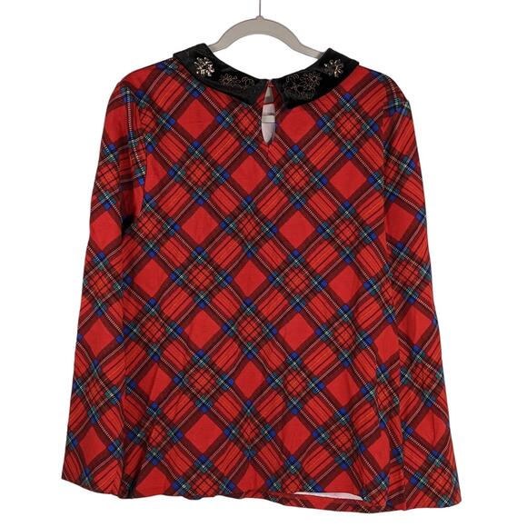 Charter‎ Club Plaid Top Velvet Collar Embroidery Sequins Blouse Red M Holiday - Picture 4 of 10